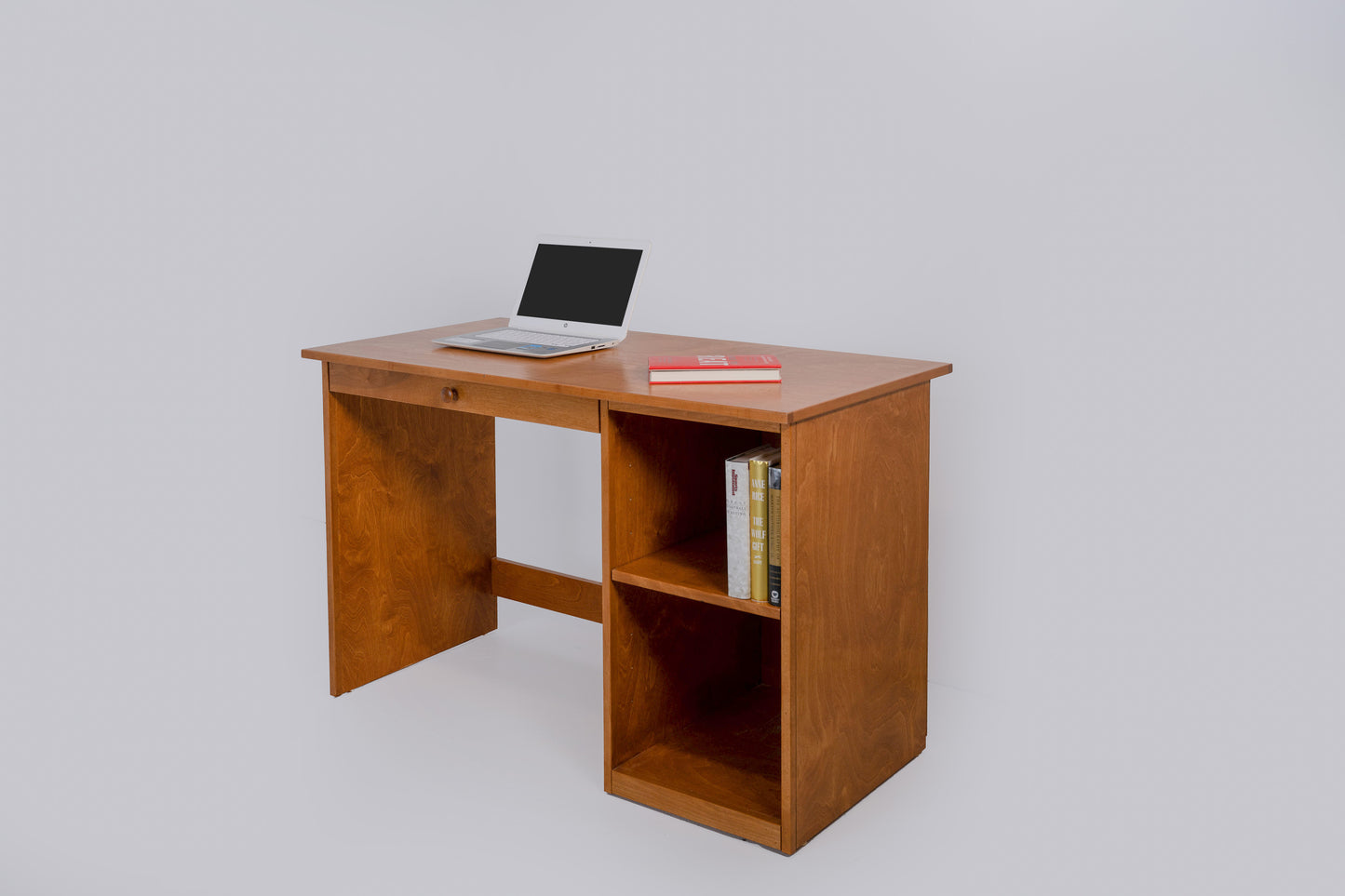 Berkshire Student Desk shown in meadow oak finish, featuring hardwood birch construction and adjustable shelving. 