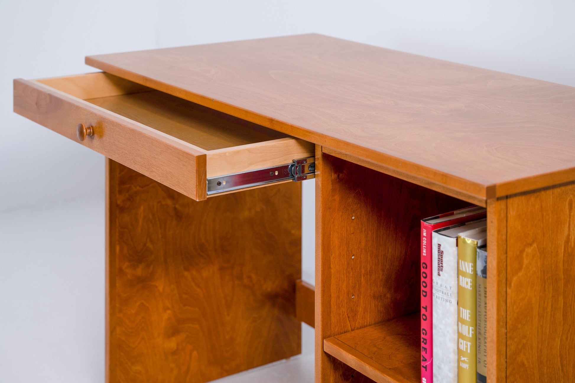Details of full extension drawer on Berkshire Student Desk. Shown in Meadow Oak finish.