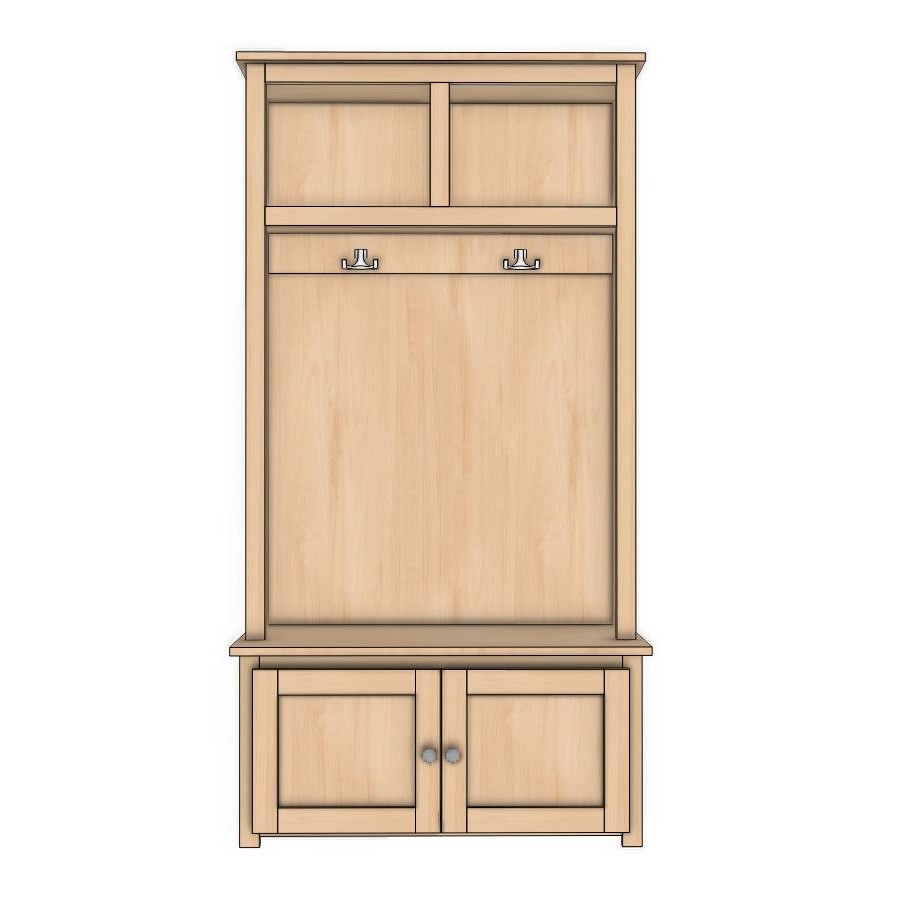 Berkshire Shaker Hall Tree with Doors features cubby space on top, cabinet space on the bottom, and space to hang jackets in the middle. Birch construction.