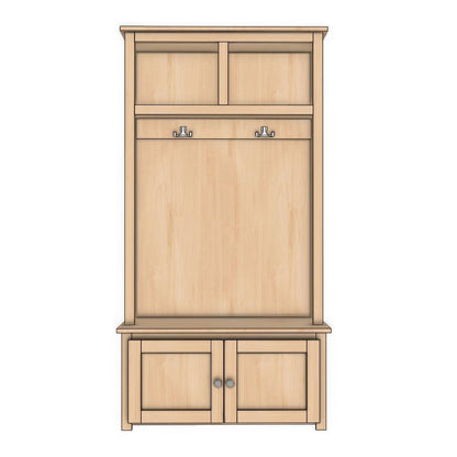 Berkshire Shaker Hall Tree with Doors features cubby space on top, cabinet space on the bottom, and space to hang jackets in the middle. Birch construction.