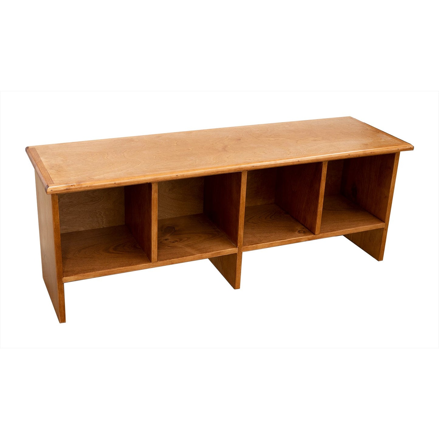 Evergreen Cubby Bench constructed from pine and birch,  Shown in Legacy Cherry finish.