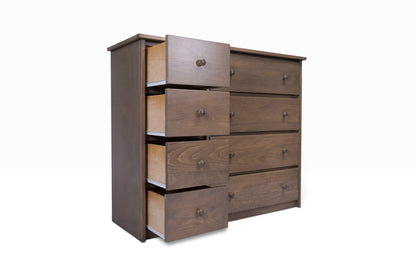 Evergreen Combo Dresser shown with drawers open to show storage capacity, made from pine and birch.