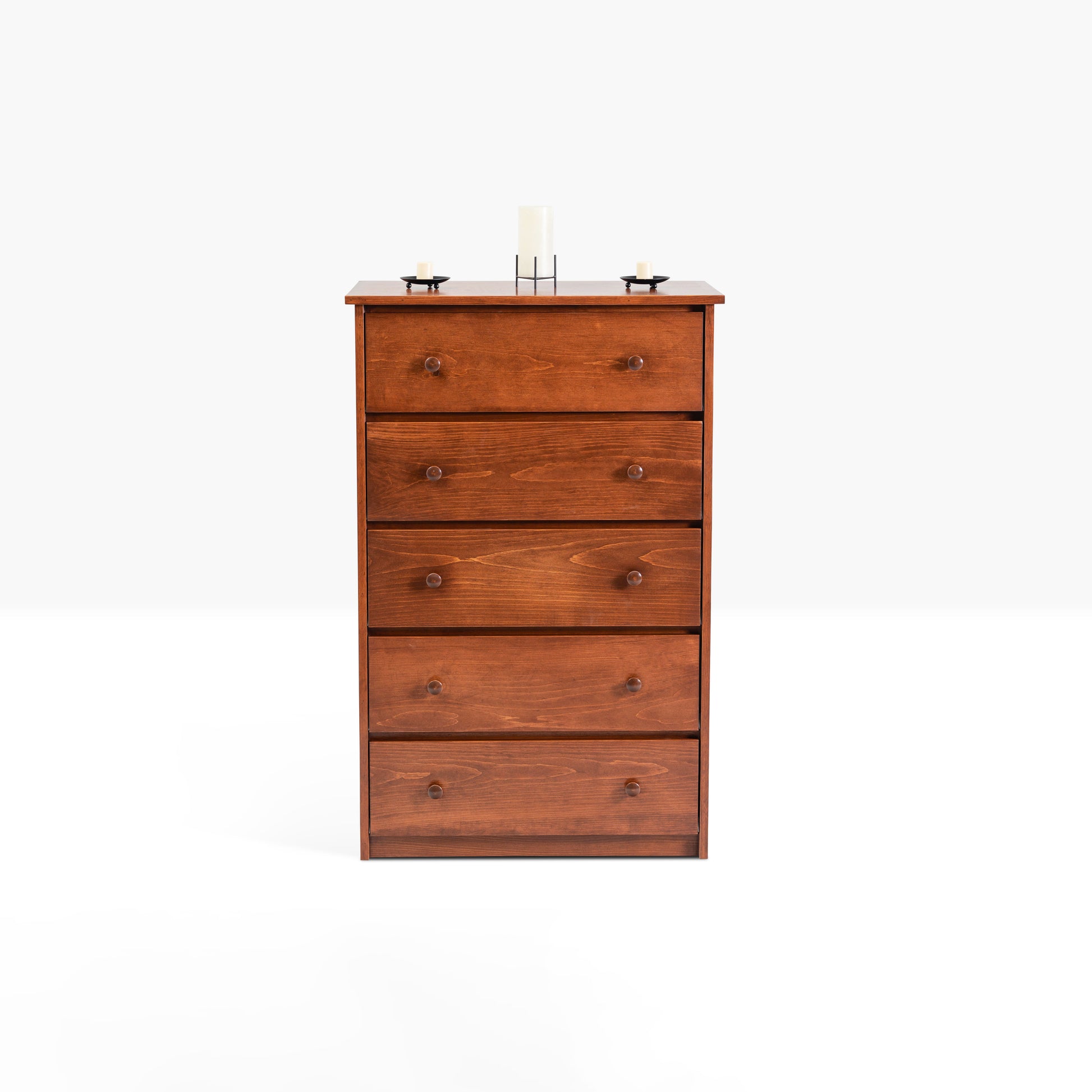 Evergreen Chests are built from birch and pine, and is shown in Traditional Cherry finish with five drawers.