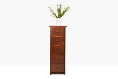 Evergreen Lingerie Chest is built from pine and features five drawers. Shown in Traditional Cherry finish.