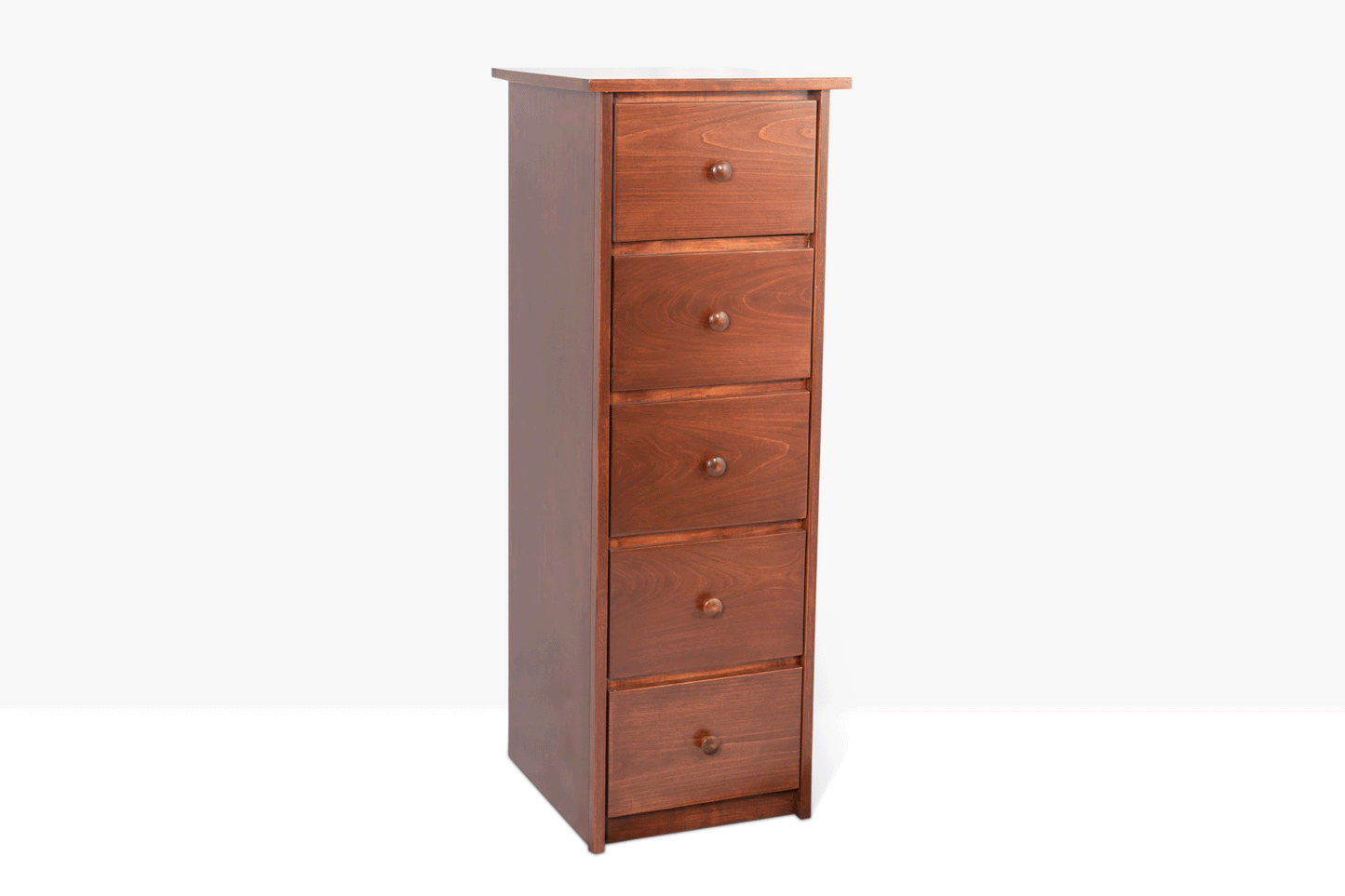 Evergreen Lingerie Chest is built from Pine and birch and features five drawers, shown open to show storage capacity.  Pictured in Traditional Cherry finish.