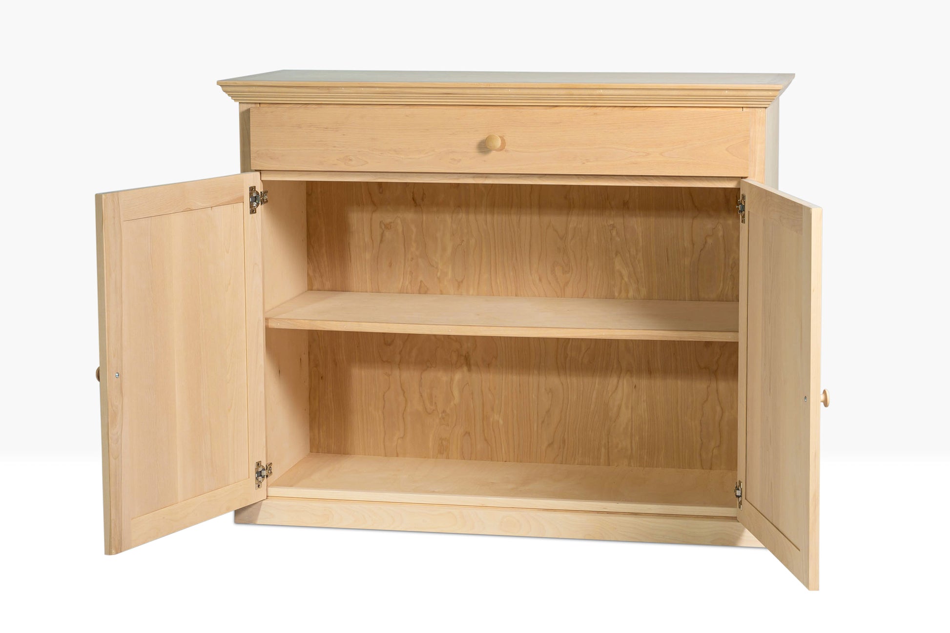 Berkshire Dover Cabinet with Drawer, twelve inches depth, with birch construction, shown unfinished and open to show shelving.