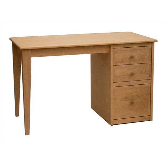 Berkshire Writing Desk with Drawers features birch construction and three drawers on one side. Shown unfinished.