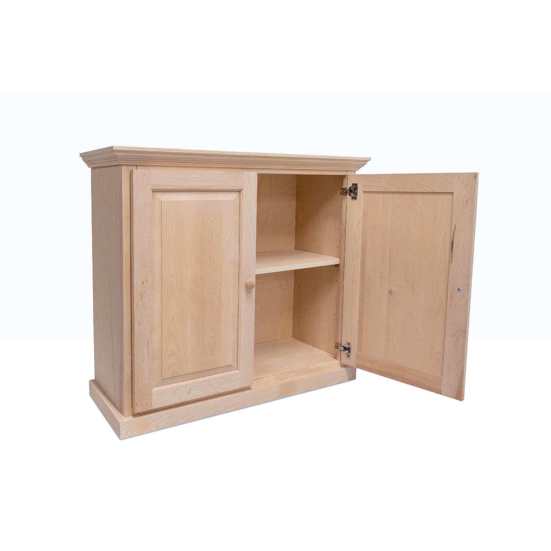 Berkshire Dover Cabinet built from unfinished birch, shown open to highlight adjustable shelving.