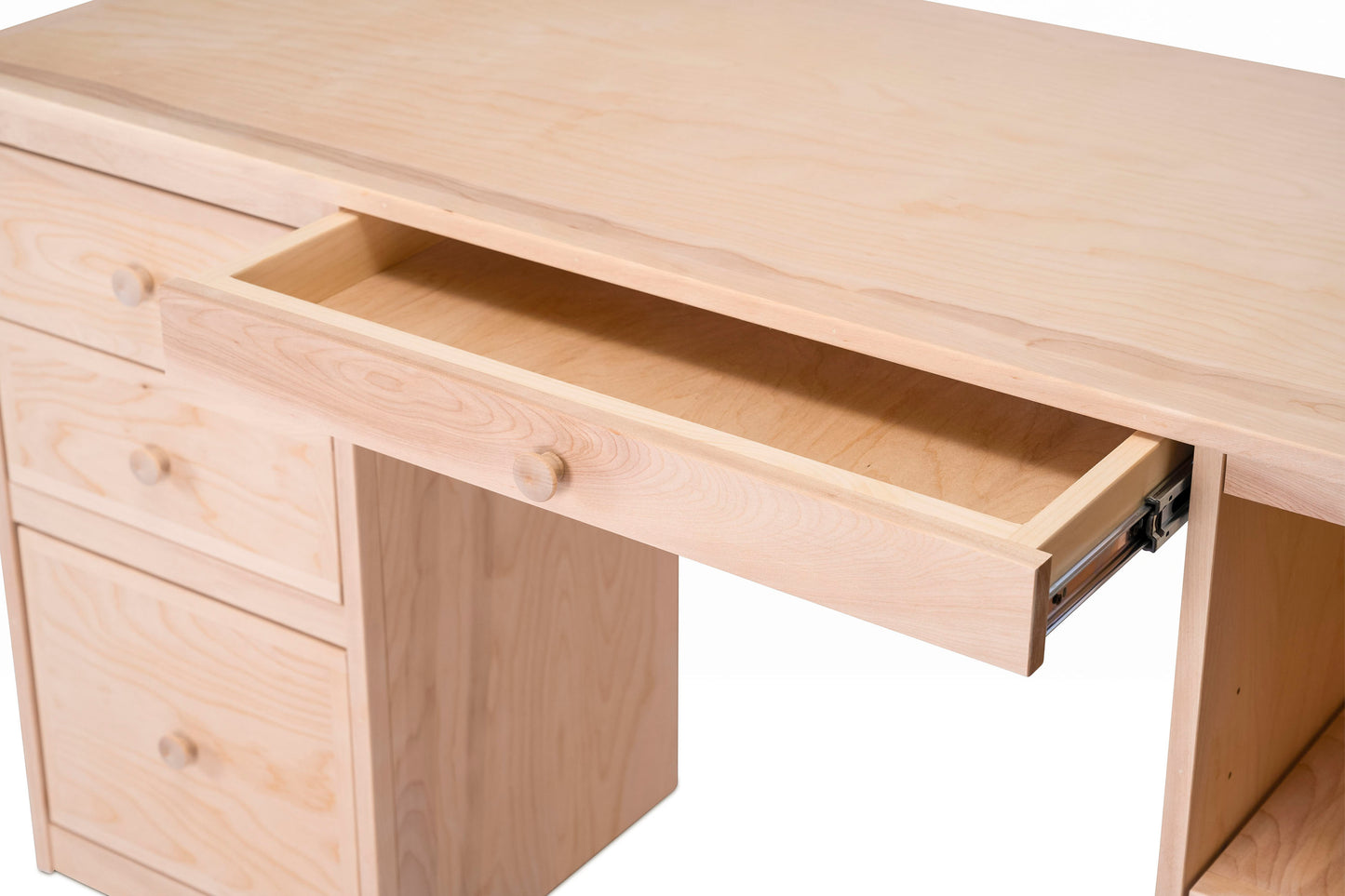 Berkshire Home Desk shown close up on wide drawer to show available storage space.