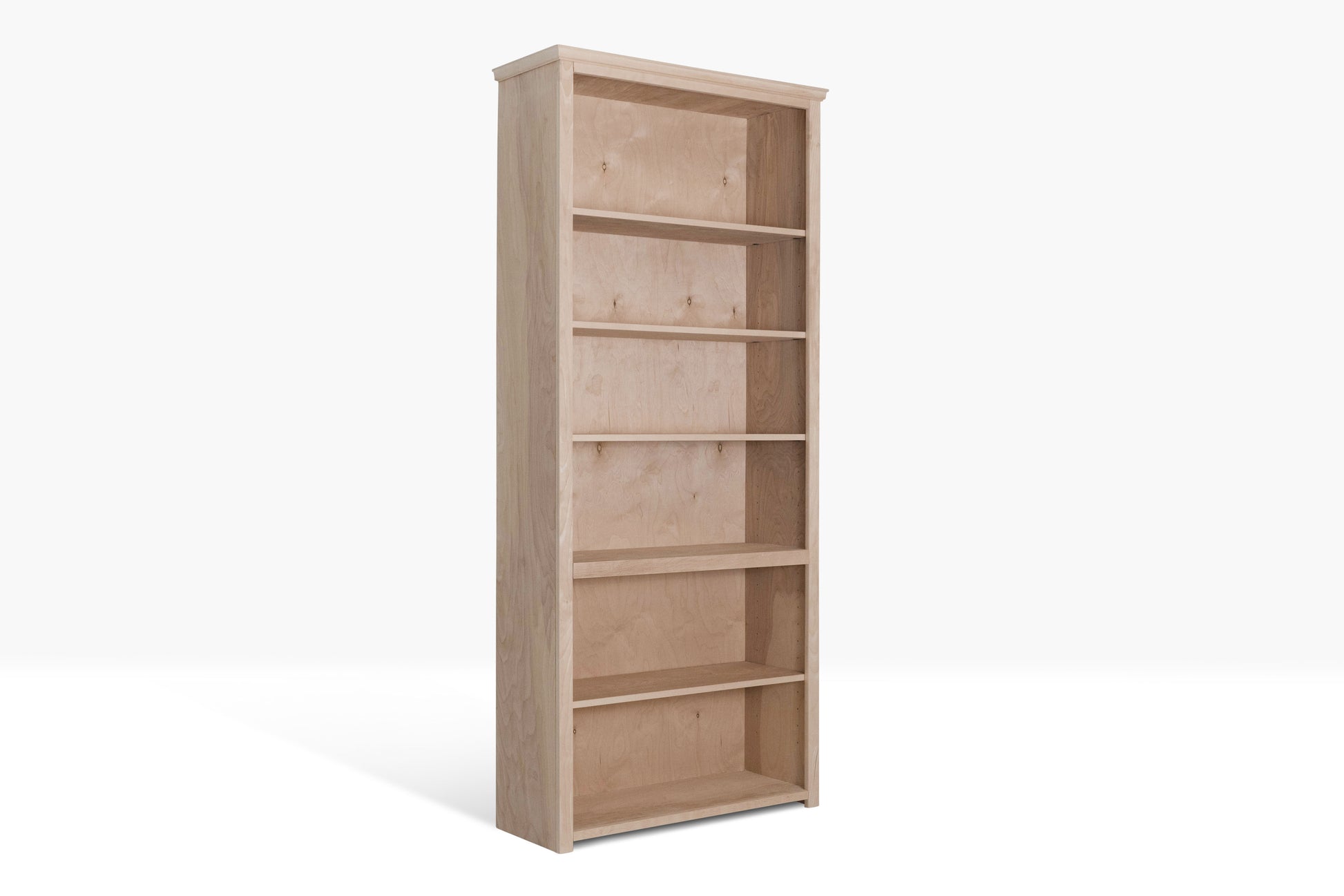 Berkshire Plymouth Bookcase, pictured unfinished with adjustable birch shelving and construction.