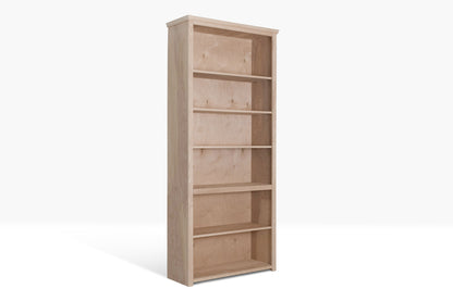 Berkshire Plymouth Bookcase, pictured unfinished with adjustable birch shelving and construction.