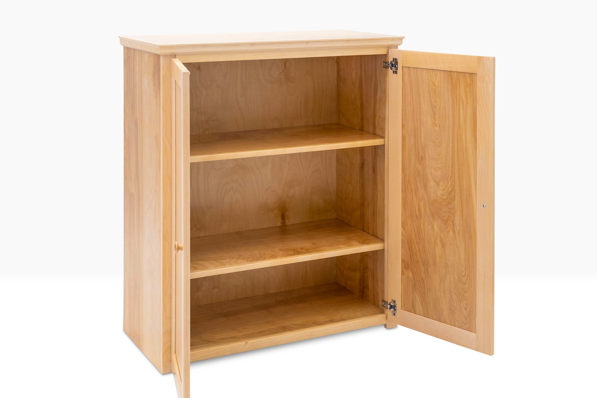 Berkshire Plymouth Cabinet Shown in unfinished birch with doors open to highlight adjustable shelving.
