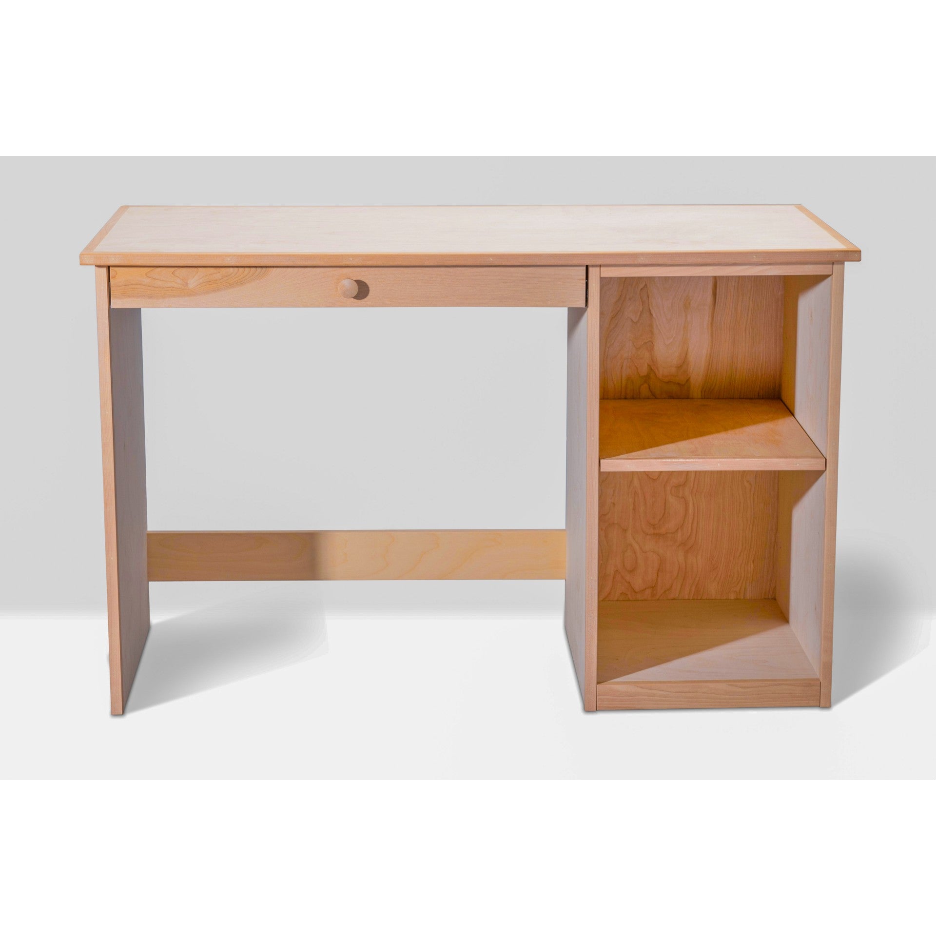 Berkshire Student Desk features adjustable shelving and a full extension drawer. Shown unfinished.