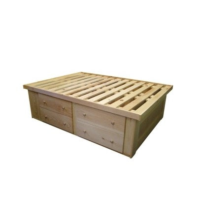 Berkshire Tall Storage Bed with 4 Drawers features four large drawers on one side. Shown unfinished