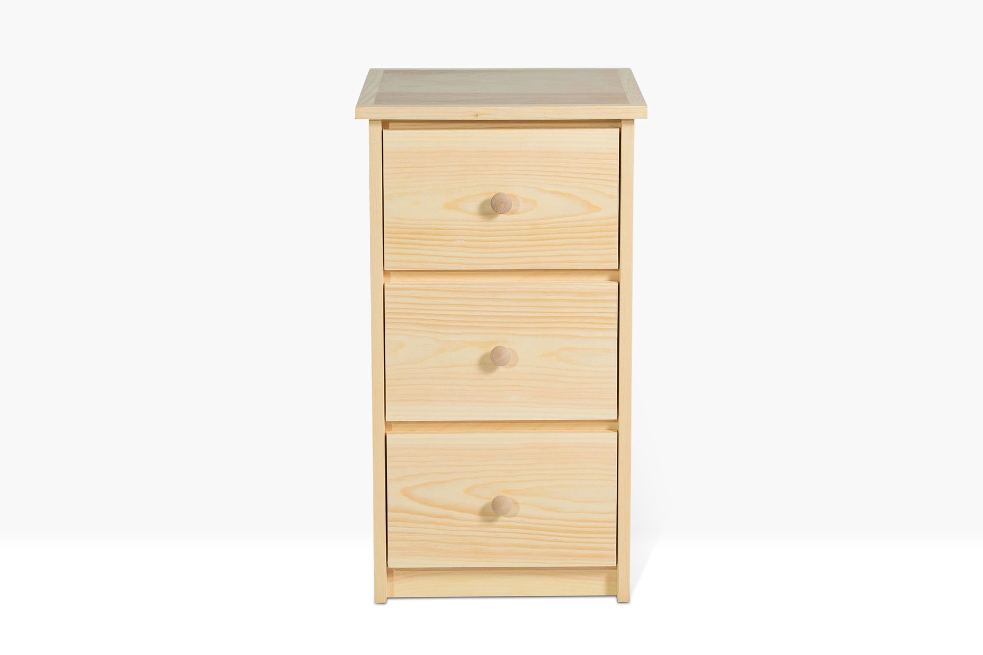 Evergreen Three Drawer Nightsand feature pine construction and three drawers. Shown unfinished.