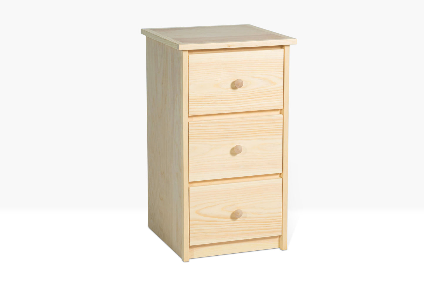 Evergreen Three Drawer Nightstand shown from side angle to show details of pine construction. Shown unfinished.
