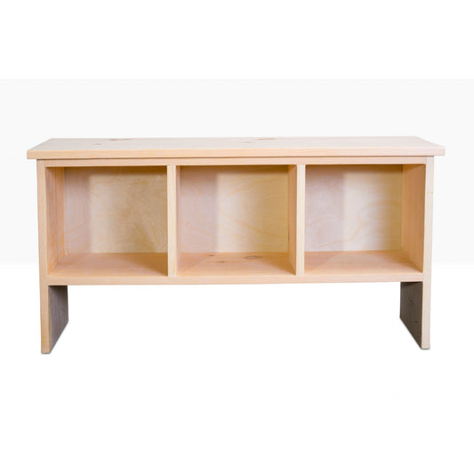 Evergreen Cubby Bench is constructed from pine and is shown unfinished.