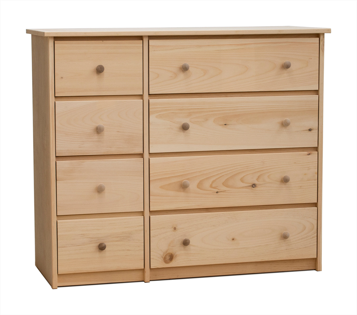 Evergreen Combo Dresser shown unfinished, constructed in pine and birch with eight drawers.