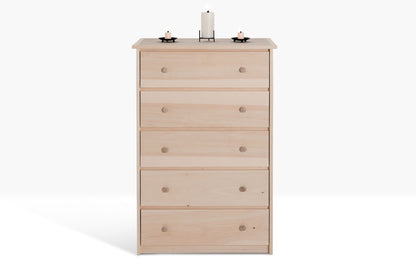 Unfinished Evergreen chest with five drawers. Constructed from Birch and Pine.