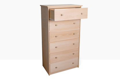 Evergreen Chests shown in unfinished pine with drawers open to show storage capacity.