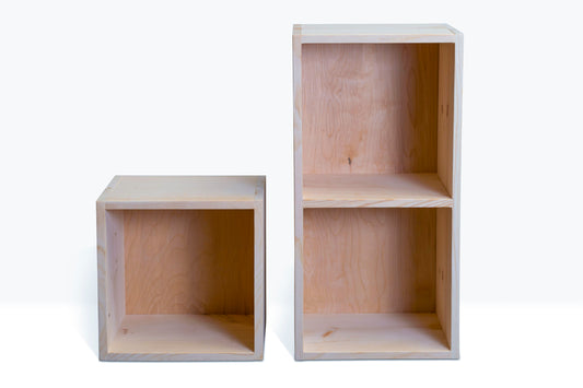 Evergreen Single and Double cube, shown unfinished and built from pine.
