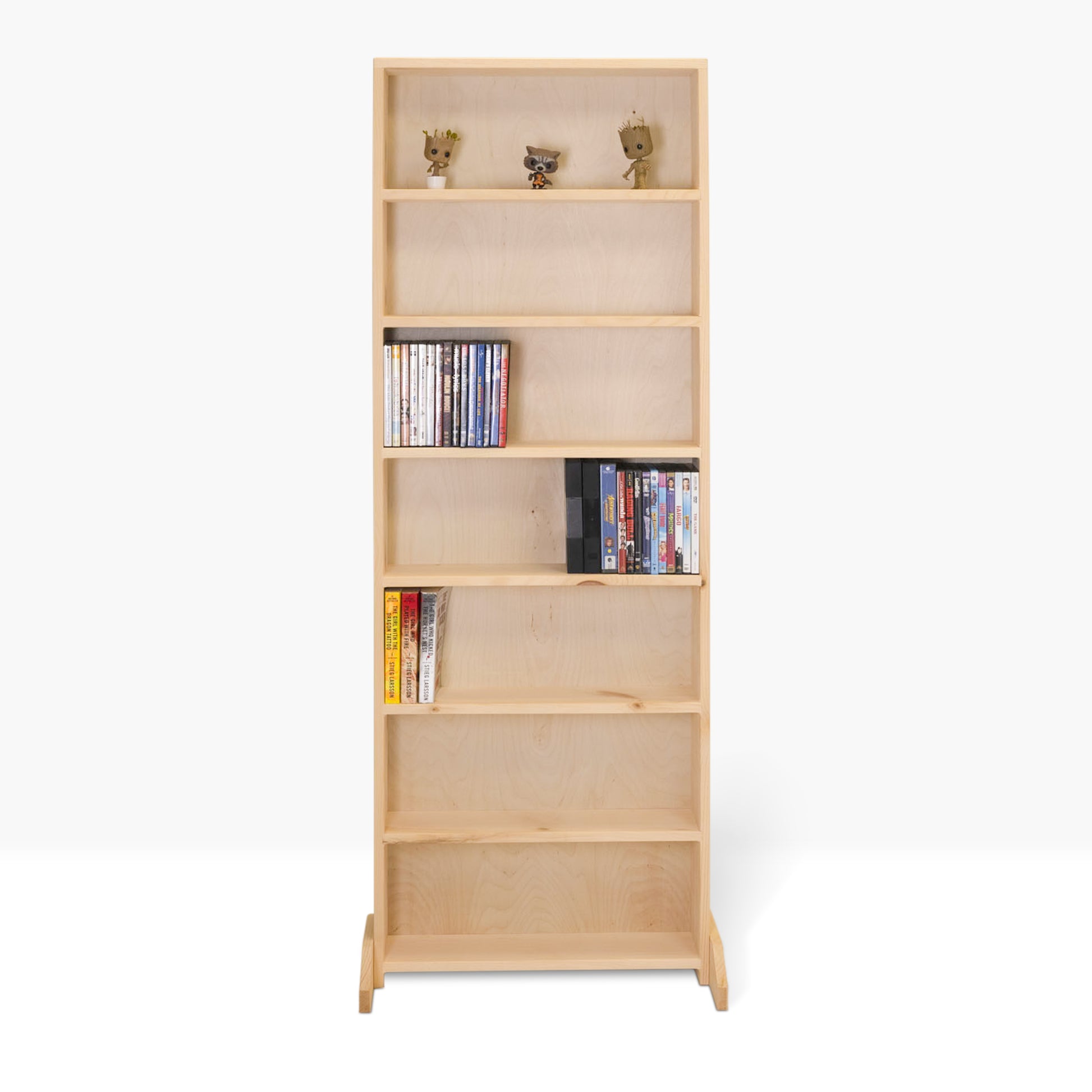 Evergreen DVD Shelf shown with seven spaces, built from unfinished white pine.