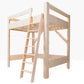 Evergreen Loft bed shown in full size from angle to show details of construction. Made from unfinished white pine.