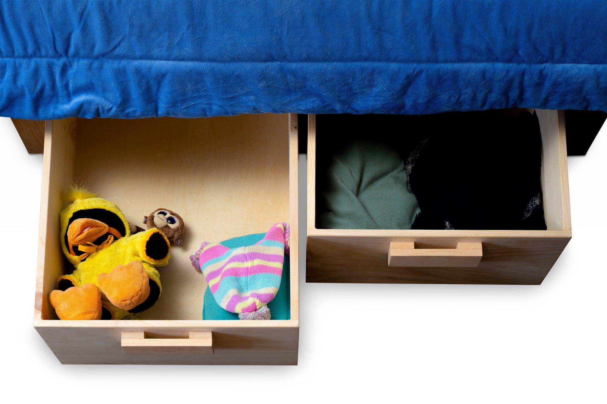 Two Evergreen Under Bed Drawers shown with items to give example to storage space available.